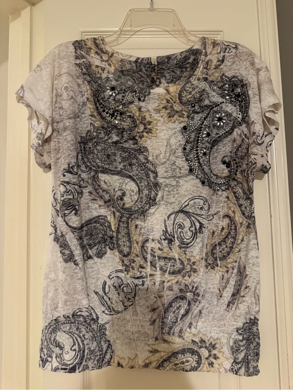American Age Paisley Embellished Short Sleeve Top - White, Gray, Cream